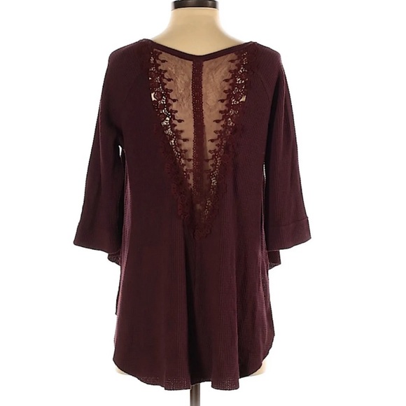 Free People Maroon Open Back Lace Waffle Top Medium - Picture 2 of 10
